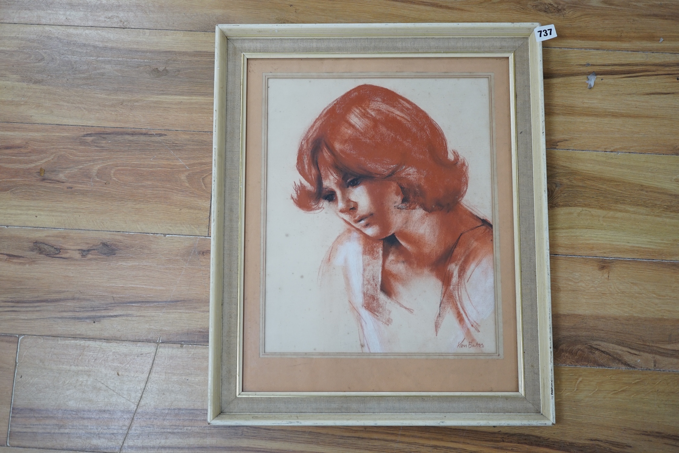 Ken Bates, red chalk, 'Fiona Hughes - Winter', signed, 40 x 33cm. Condition - poor to fair, in need of a clean